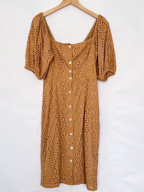 Cleobella Revolve Eyelet Cotton Dress Button Front Puff Sleeves Size Medium Tan